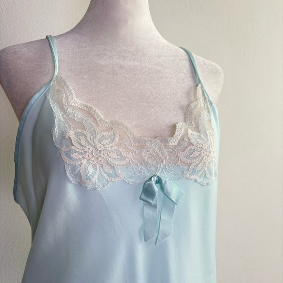 Vintage Baby Blue Satin Lace Chiffon Ethereal Peignoir Slip Nightgown Dress - Picture 5 of 14